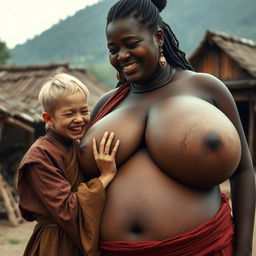 in a medieval village setting, featuring a very short, malnourished young blonde woman with rotten teeth, dressed in a long, fully closed Buddhist robe, her hair styled in a bun and wearing medieval earrings