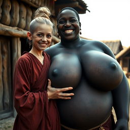 in a medieval village setting, featuring a very short, malnourished young blonde woman with rotten teeth, dressed in a long, fully closed Buddhist robe, her hair styled in a bun and wearing medieval earrings