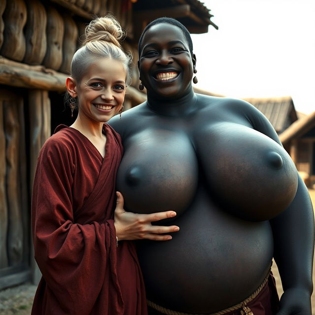 in a medieval village setting, featuring a very short, malnourished young blonde woman with rotten teeth, dressed in a long, fully closed Buddhist robe, her hair styled in a bun and wearing medieval earrings
