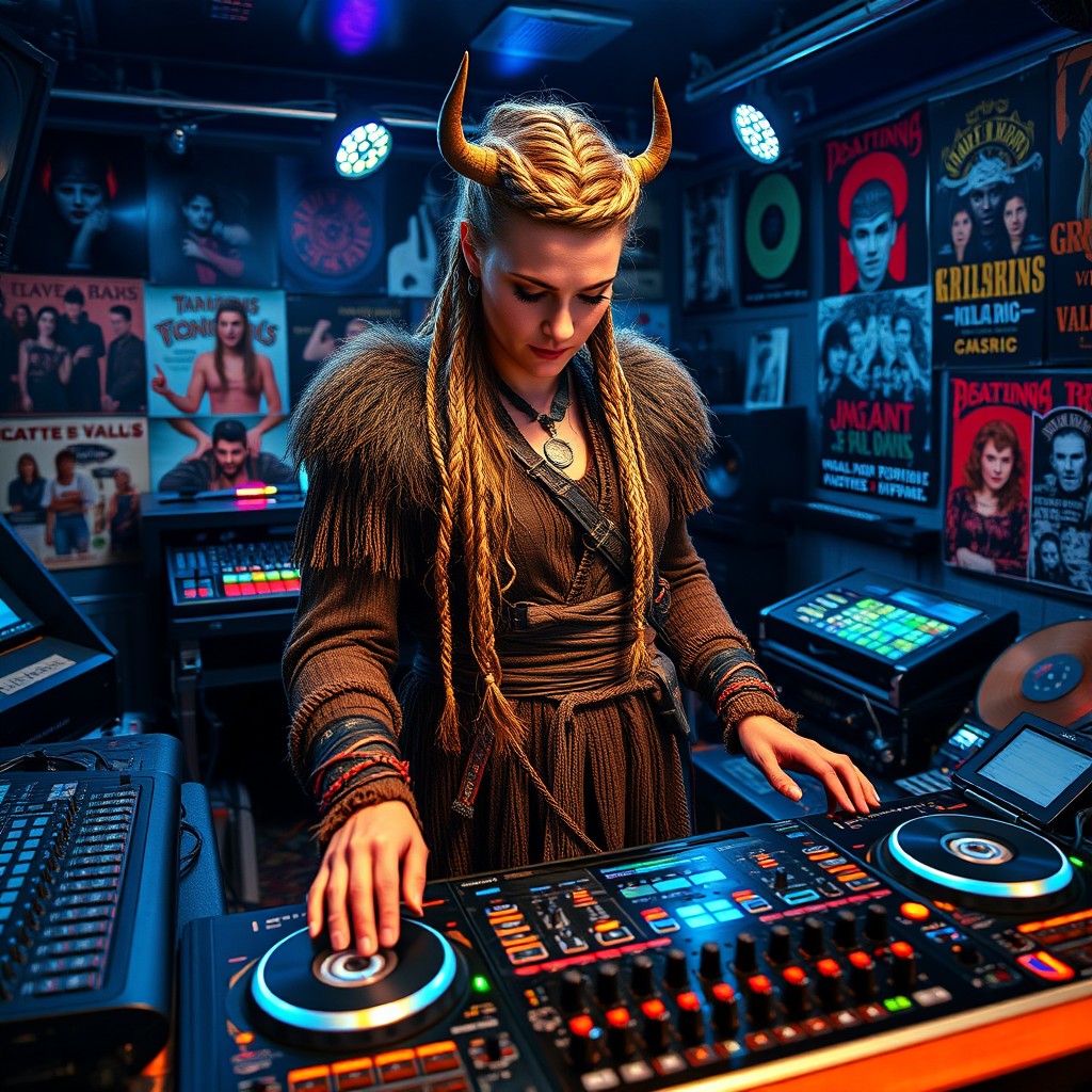A fierce Viking woman, dressed in traditional Norse attire with intricate braids in her hair, standing confidently in a modern DJ studio room