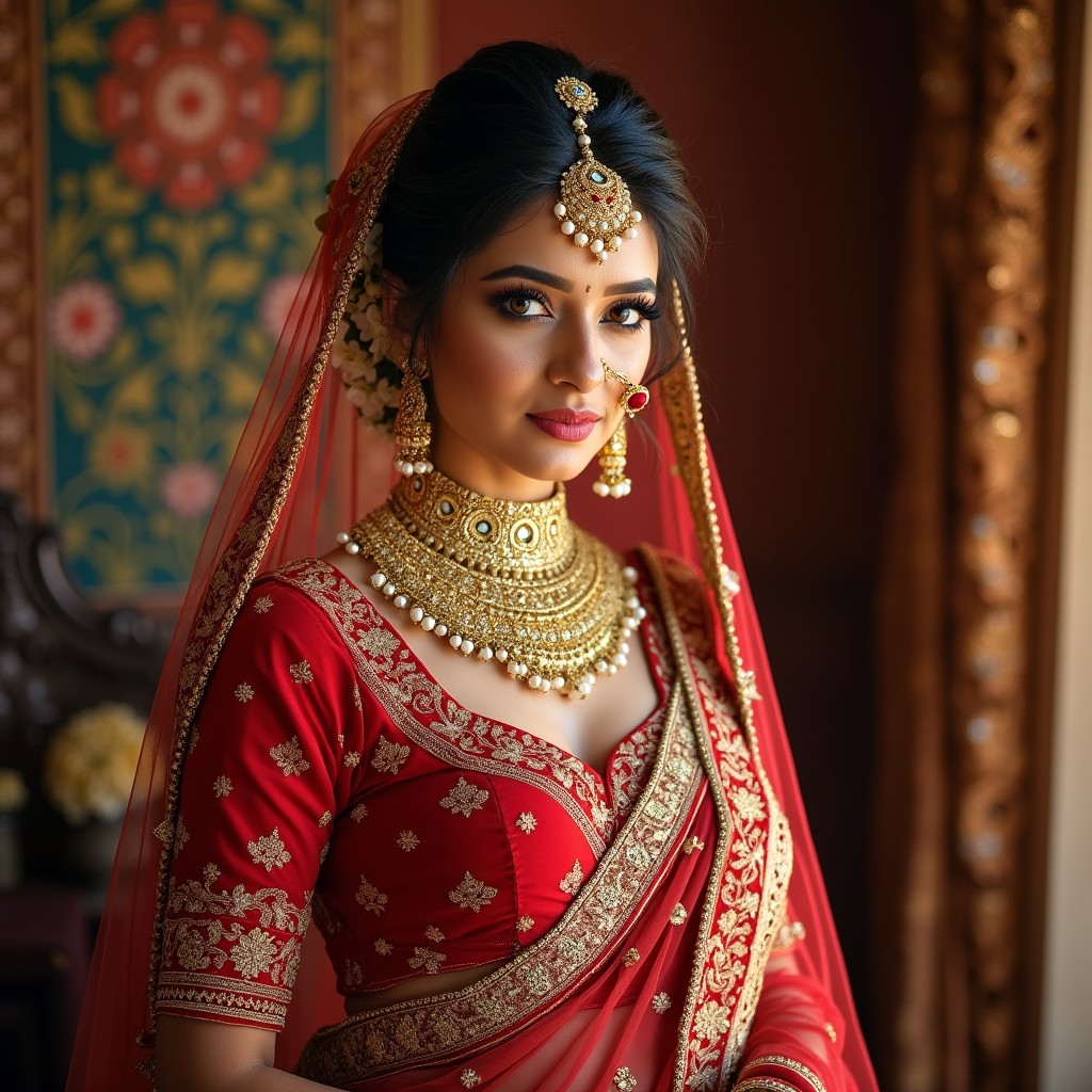 A stunning Indian bride adorned in a lavish red and gold bridal lehenga, intricately embroidered with traditional patterns