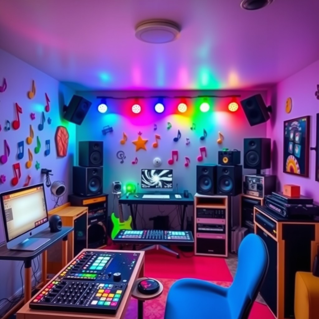 A bright and cheerful DJ studio room, filled with colorful equipment and vibrant decor