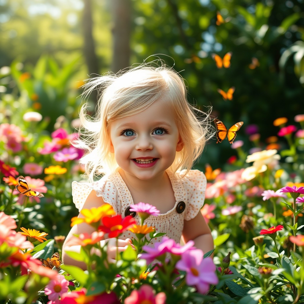 A joyful scene featuring a 3-year-old blonde girl with big blue eyes, playing in a vibrant and colorful garden