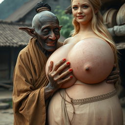 In a medieval village scene, an elderly black woman, very short and undernourished with decayed teeth and elf-like ears, is dressed in a long, closed Buddhist robe