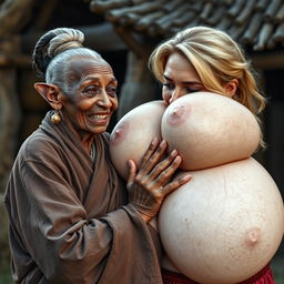 In a medieval village scene, an elderly black woman, very short and undernourished, has decayed teeth and elf-like ears