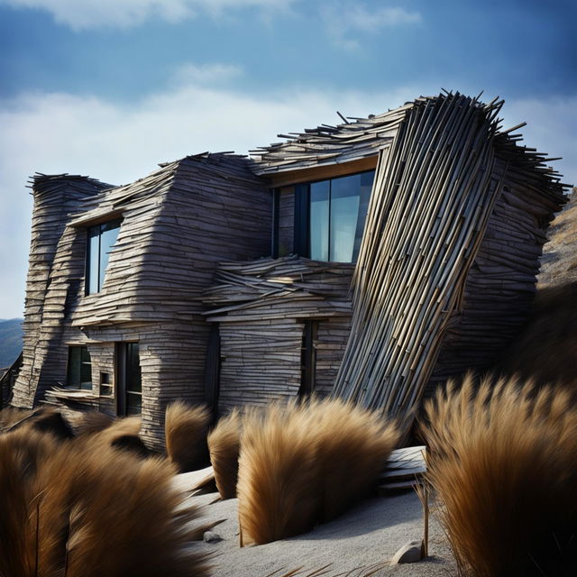 This HD photograph, taken with a 32mm lens, showcases a unique architectural home on a dry flax-covered hill