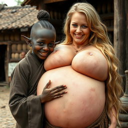In a medieval village scene, a young black woman, very short and undernourished with decayed teeth and elf-like ears, is dressed in a long, closed Buddhist robe