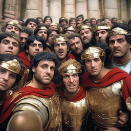 An anachronistic image of people from 200 AD taking a 'selfie'. Dressed in classic Roman-era attire, they huddle together around a reflective surface, capturing their likeness, mimicking modern-day selfie taking.