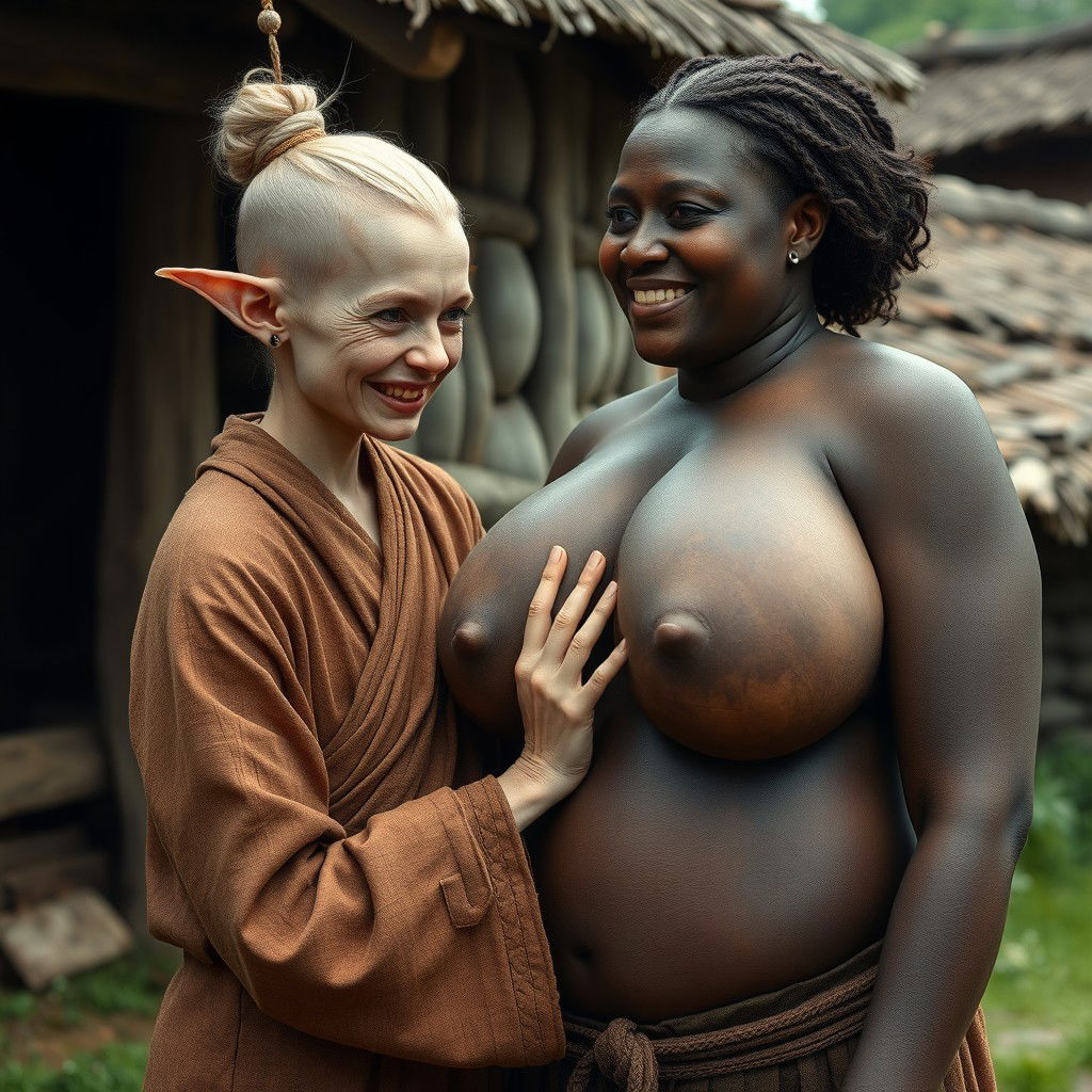 In a medieval village, a very short and emaciated young blonde woman with decayed teeth and elf-like ears is dressed in a long, closed Buddhist robe