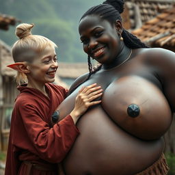 In a medieval village, a very short and emaciated young blonde woman with decayed teeth and elf-like ears is dressed in a long, closed Buddhist robe