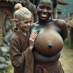 In a medieval village, a very short and emaciated young blonde woman with decayed teeth and elf-like ears is dressed in a long, closed Buddhist robe