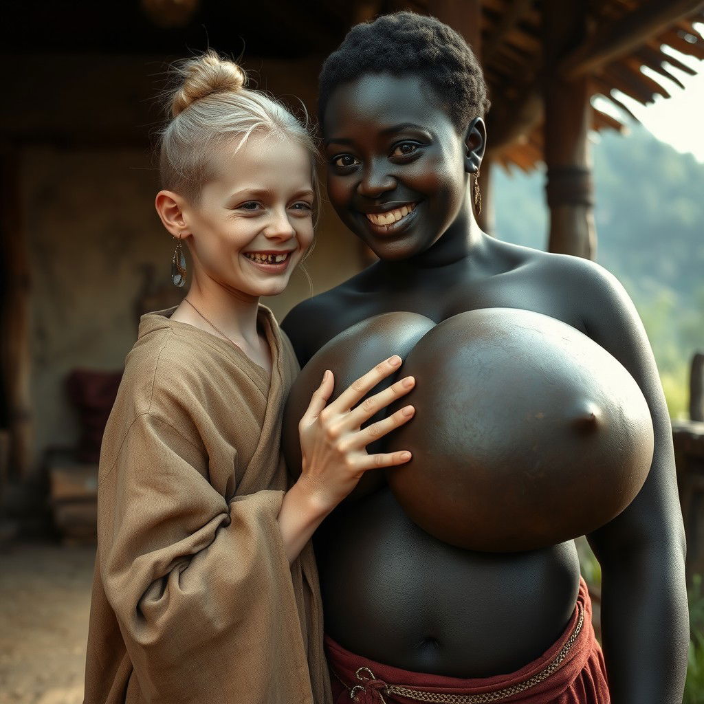 In a medieval village, a very short and emaciated young blonde woman with decayed teeth is dressed in a long, closed Buddhist robe