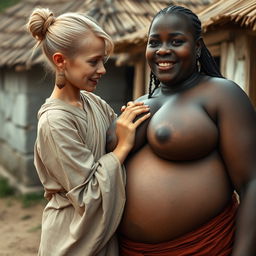 In a medieval village, a very short and emaciated young blonde woman with decayed teeth is dressed in a long, closed Buddhist robe