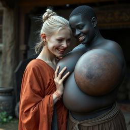 In a medieval village, a very short and emaciated young blonde woman with decayed teeth is dressed in a long, closed Buddhist robe