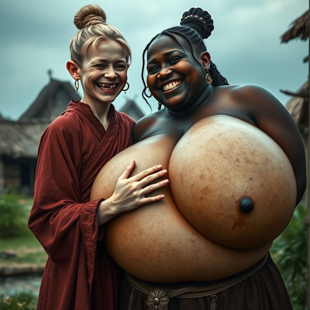 In a medieval village, a very short and malnourished young blonde woman with rotten teeth is dressed in a long, fully closed Buddhist robe, styled with her hair in a bun and wearing medieval earrings