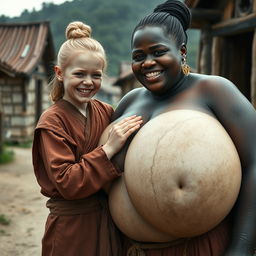 In a medieval village, a very short and malnourished young blonde woman with rotten teeth is dressed in a long, fully closed Buddhist robe, styled with her hair in a bun and wearing medieval earrings