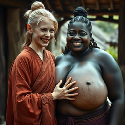 In a medieval village, a very short and malnourished young blonde woman with rotten teeth is dressed in a long, fully closed Buddhist robe, styled with her hair in a bun and wearing medieval earrings