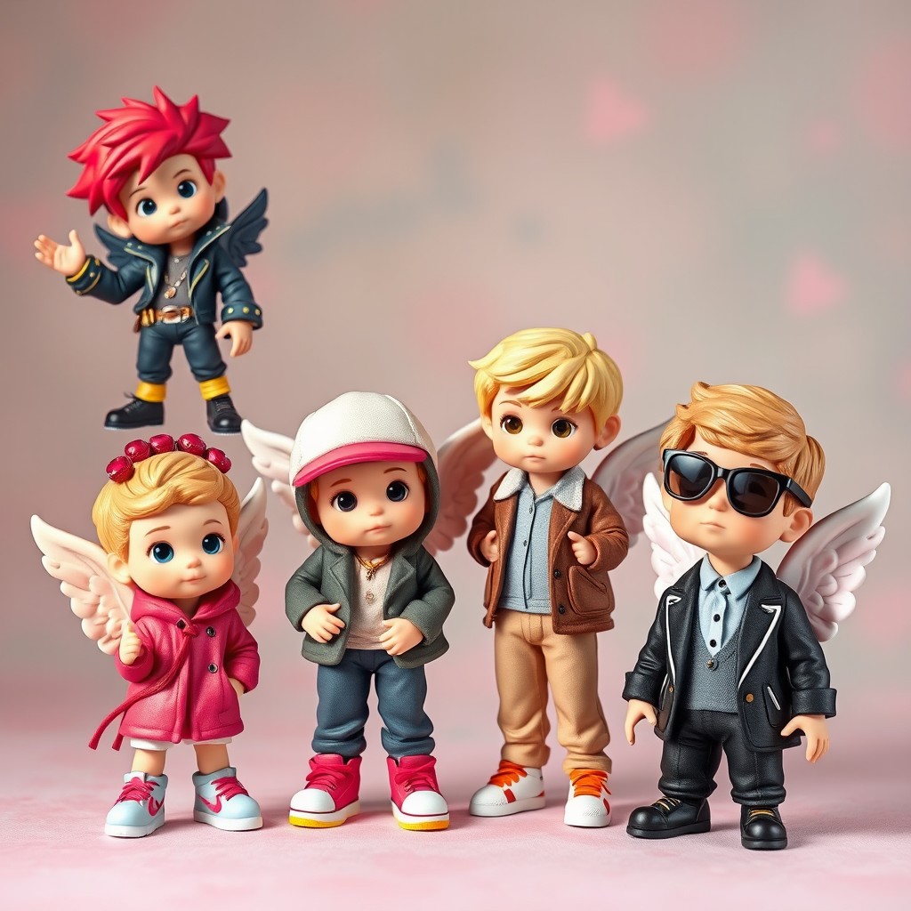 A set of adorable Sonny Angel-inspired Cupid figures, each styled uniquely in vibrant, colorful fashion