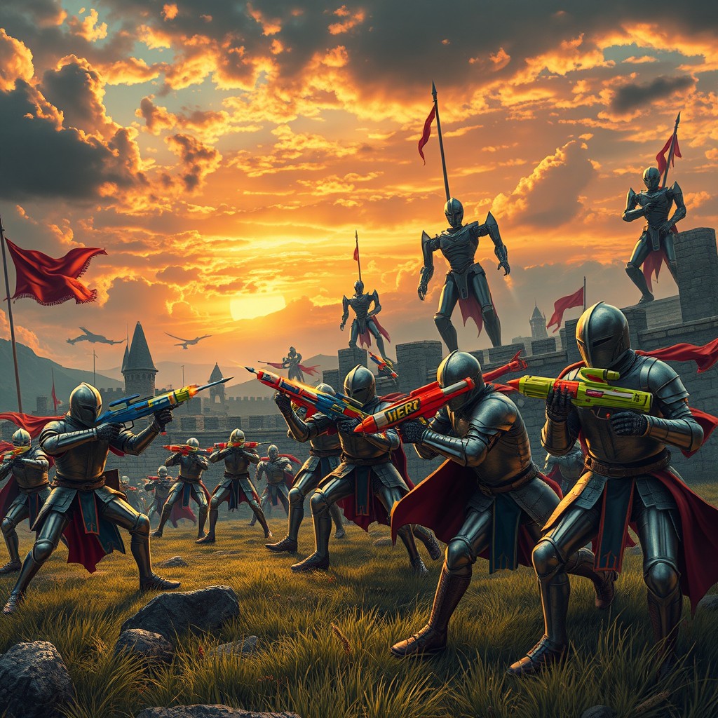 An epic medieval battlefield scene where knights in shining armor clash against alien warriors using futuristic alien guns