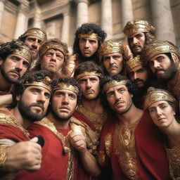 An anachronistic image of people from 200 AD taking a 'selfie'. Dressed in classic Roman-era attire, they huddle together around a reflective surface, capturing their likeness, mimicking modern-day selfie taking.