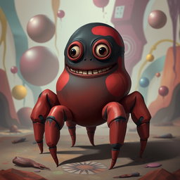 A surreal character design of a five-legged blobby man, featuring a bulbous and amorphous body with a mix of vibrant red and deep black colors