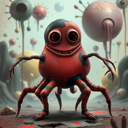 A surreal character design of a five-legged blobby man, featuring a bulbous and amorphous body with a mix of vibrant red and deep black colors