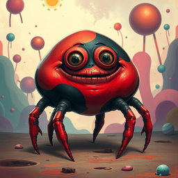 A surreal character design of a five-legged blobby man, featuring a bulbous and amorphous body with a mix of vibrant red and deep black colors