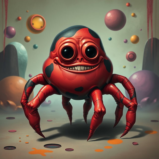 A surreal character design of a five-legged blobby man, featuring a bulbous and amorphous body with a mix of vibrant red and deep black colors