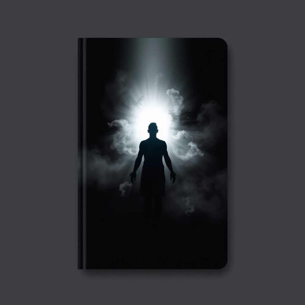 A book cover design featuring a dark background with a glowing central light