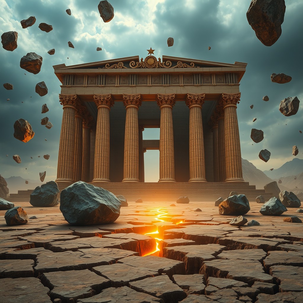 A cinematic scene depicting an ancient Greek temple dedicated to Earth, featuring colossal stone pillars adorned with intricate golden details