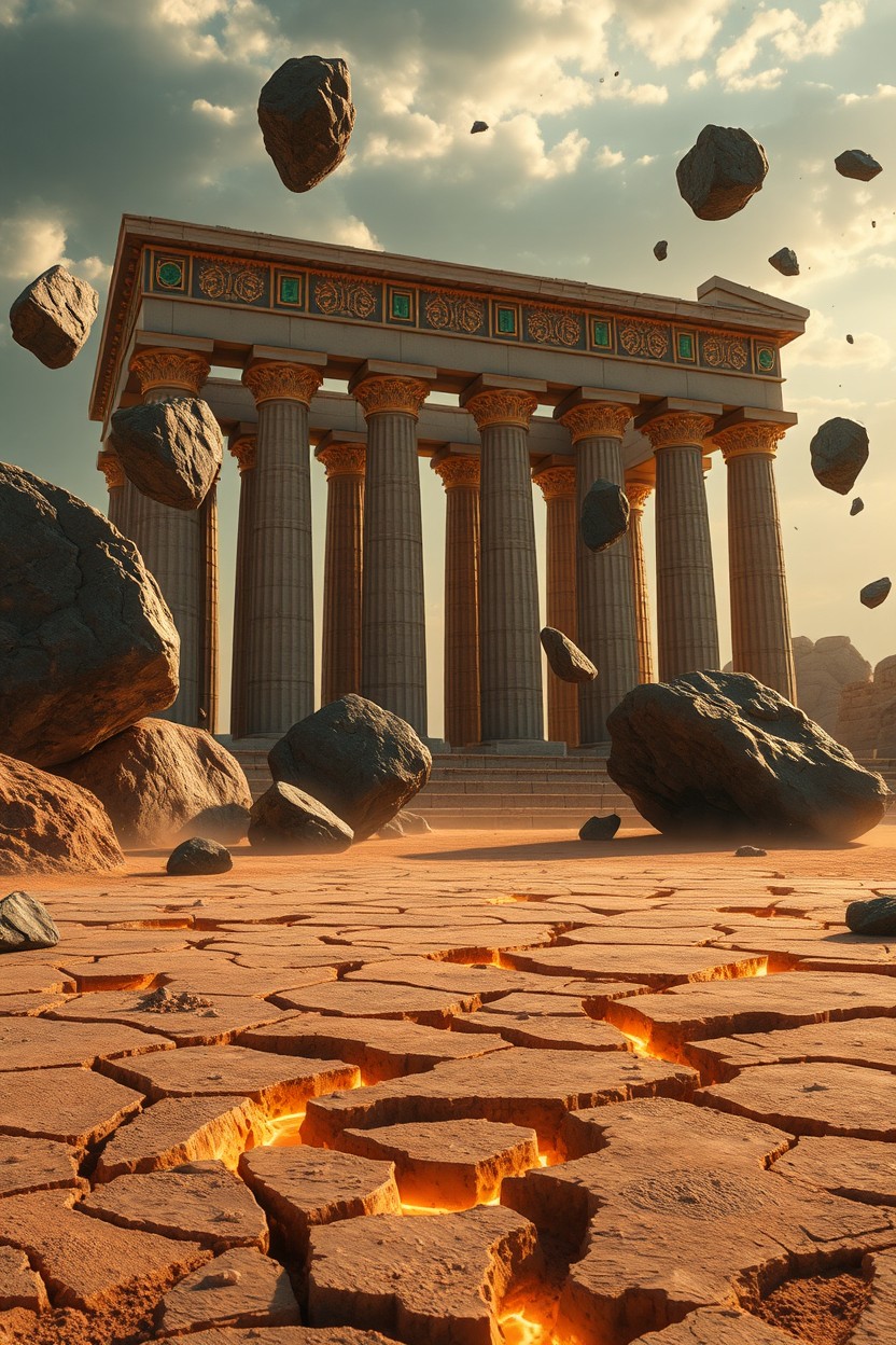 A cinematic scene depicting an ancient Greek temple dedicated to Earth, featuring colossal stone pillars adorned with intricate golden details