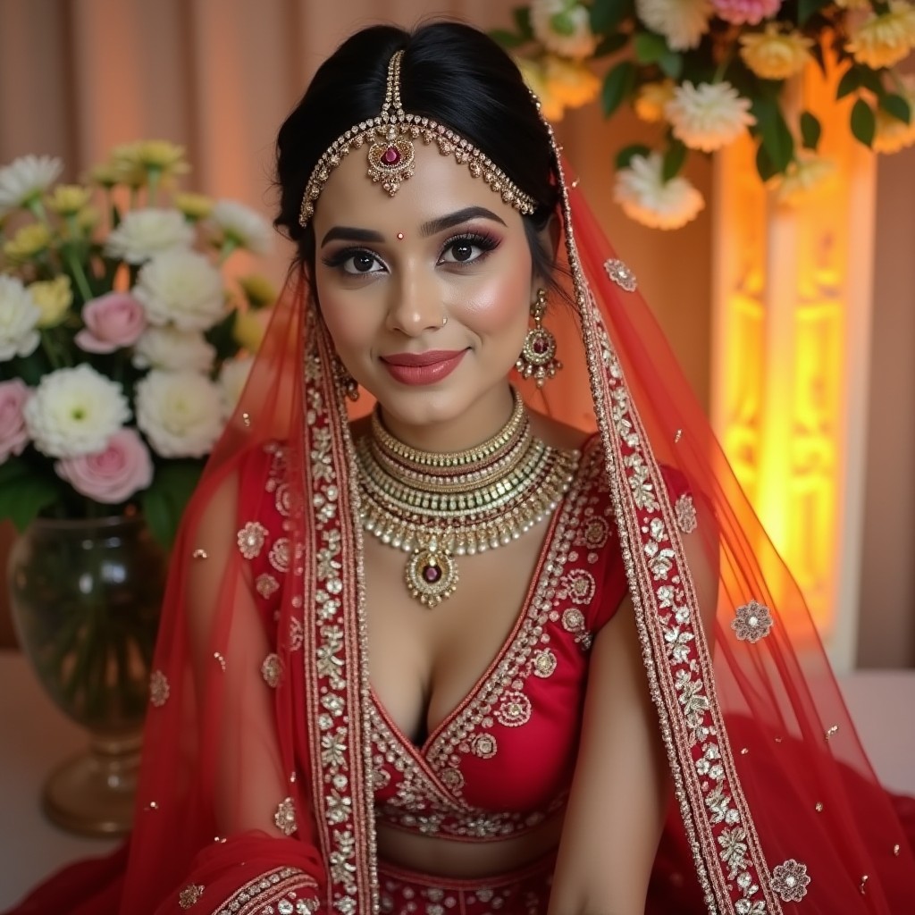 A stunning Indian bride in traditional attire, wearing a colorful lehenga with intricate embroidery and embellishments, sitting elegantly against a beautifully decorated backdrop of flowers and lights