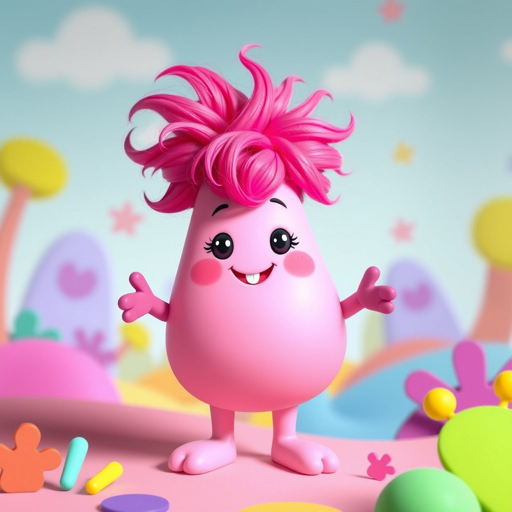 A whimsical pink blobbish character featuring a soft, rounded form with two arms and two legs