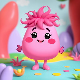A whimsical pink blobbish character featuring a soft, rounded form with two arms and two legs