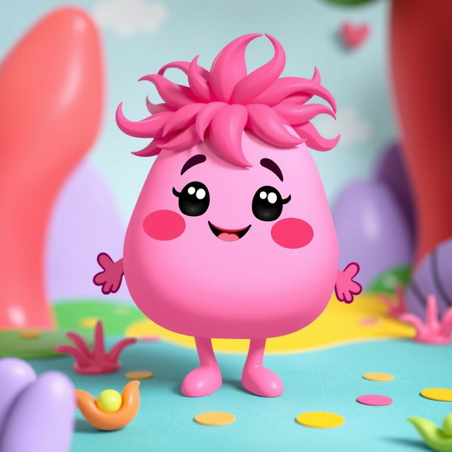 A whimsical pink blobbish character featuring a soft, rounded form with two arms and two legs