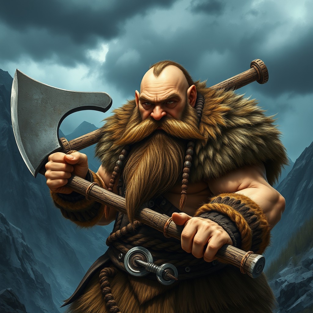 An imposing dwarf barbarian warrior with a muscular build, wielding a massive axe, clad in rugged, fur-lined armor
