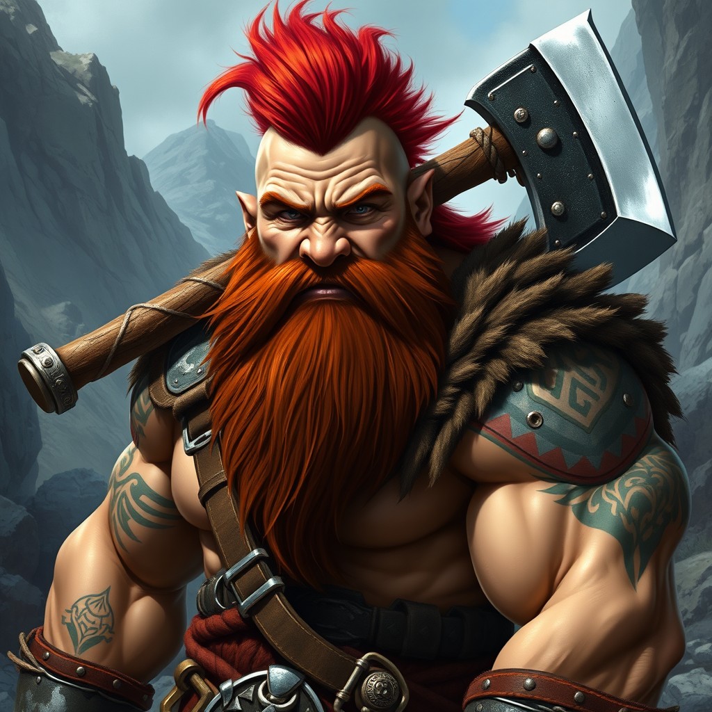 A powerful dwarf barbarian, showcasing a strong physique and a fierce demeanor