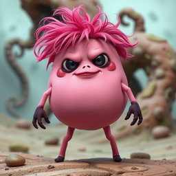 A pink blobbish character with a slightly eerie charm, featuring a soft, rounded body with two arms and two legs