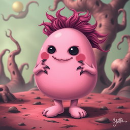 A pink blobbish character with a slightly eerie charm, featuring a soft, rounded body with two arms and two legs