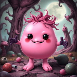 A pink blobbish character with a slightly eerie charm, featuring a soft, rounded body with two arms and two legs