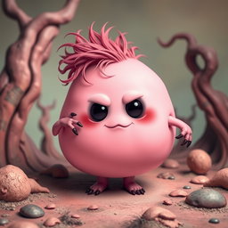 A pink blobbish character with a slightly eerie charm, featuring a soft, rounded body with two arms and two legs