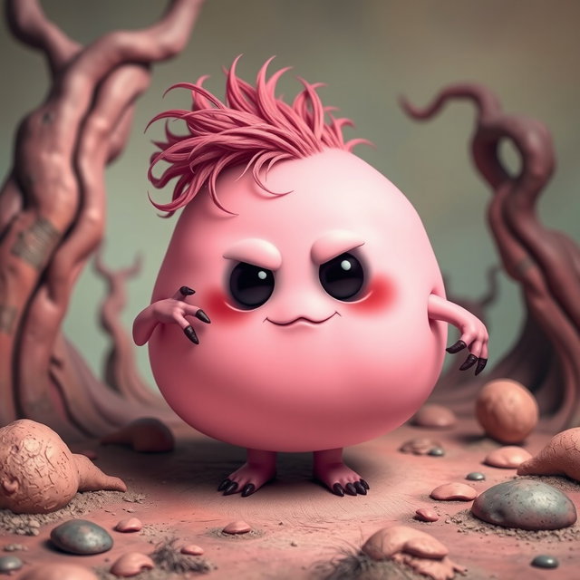 A pink blobbish character with a slightly eerie charm, featuring a soft, rounded body with two arms and two legs