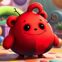 A whimsical character design of a blobby teddy bear with a soft, squishy body that has a mix of vibrant red and deep black colors