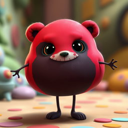 A whimsical character design of a blobby teddy bear with a soft, squishy body that has a mix of vibrant red and deep black colors