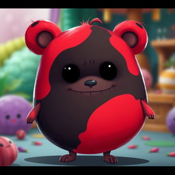 A whimsical character design of a blobby teddy bear with a soft, squishy body that has a mix of vibrant red and deep black colors