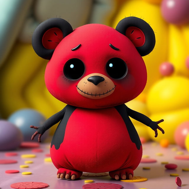 A whimsical character design of a blobby teddy bear with a soft, squishy body that has a mix of vibrant red and deep black colors