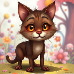 A whimsical and surreal character design of a cat with a rich brown and maroon color palette