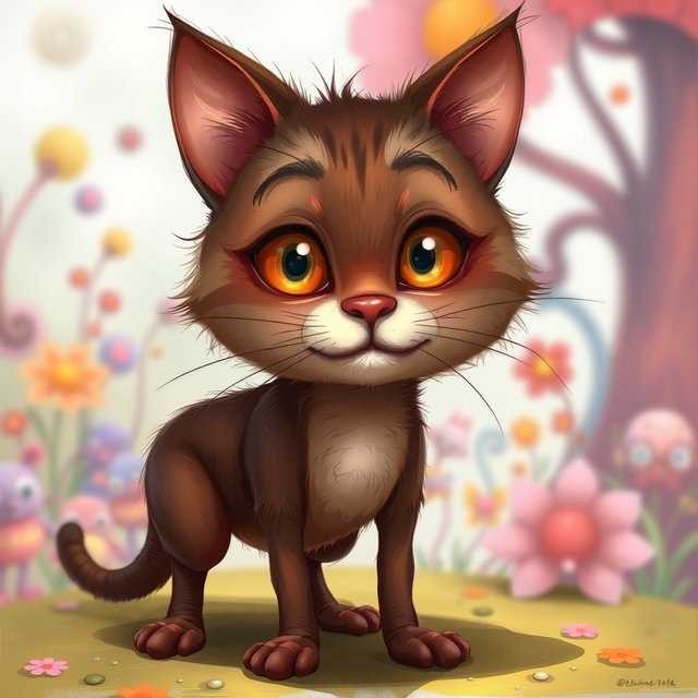 A whimsical and surreal character design of a cat with a rich brown and maroon color palette