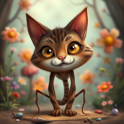 A whimsical and surreal character design of a cat with a rich brown and maroon color palette