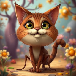 A whimsical and surreal character design of a cat with a rich brown and maroon color palette